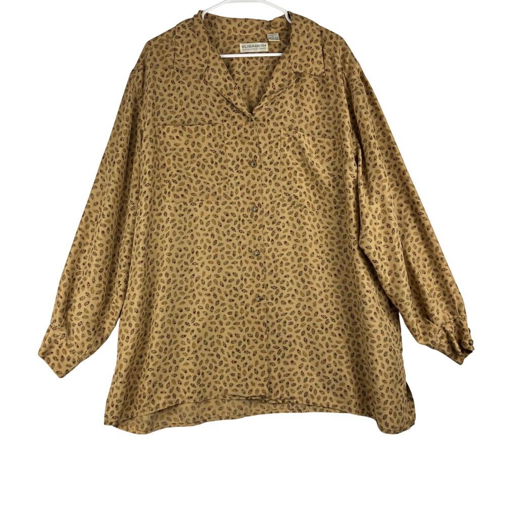 Vintage Elisabeth 100% Silk Button Up Blouse Womens 20 Long Sleeve Feather Print